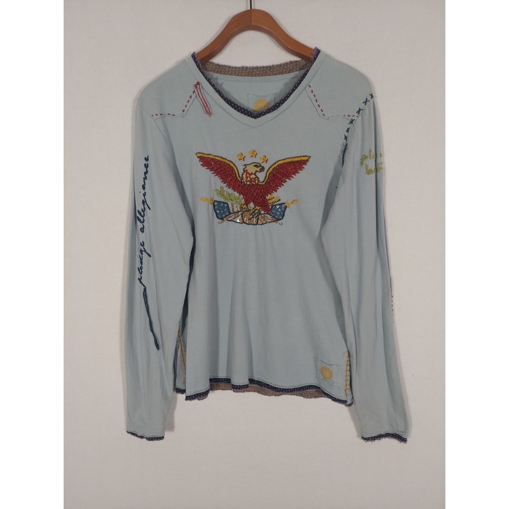 Double D Ranch L Blue T-Shirt Embroidery Eagle Sequin Western Stitch Long Sleeve